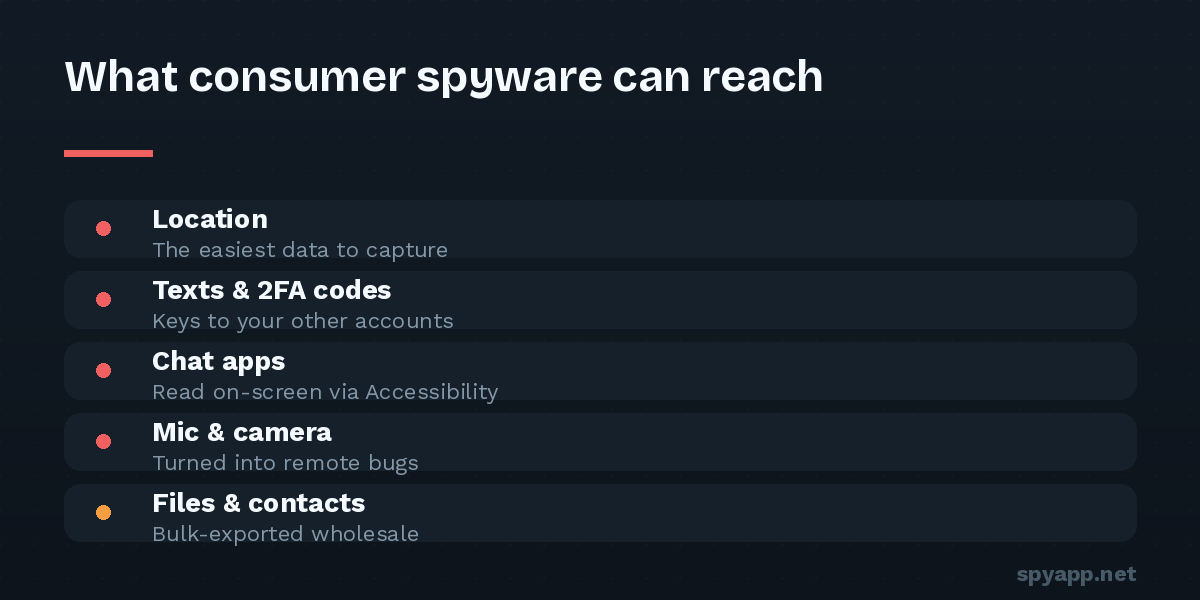 Overview of data spyware can access on a phone: location, text messages and codes, chat apps, microphone and camera, and stored files and contacts.