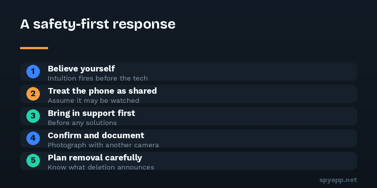 Safety-first steps when a partner may be tracking your phone: trust yourself, treat the device as monitored, seek support, document evidence, and plan removal.